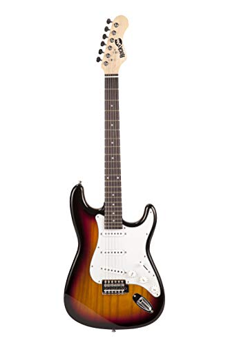 RockJam RJEG02 SK SB Kit completo de guitarra eléctrica de 10 W, con amplificador, lecciones, correa, funda, púas, Whammy, plomo y cuerdas de repuesto, Marrón/Blanco (SunBurst) :  Instrumentos musicales