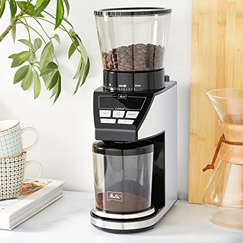 Melitta Calibra 1027 01   Molinillo de café eléctrico cónico con 39 ajustes de molienda, apto para distintas cafeteras, moledor de café con báscula digital y pantalla LCD, 200 g, negro
