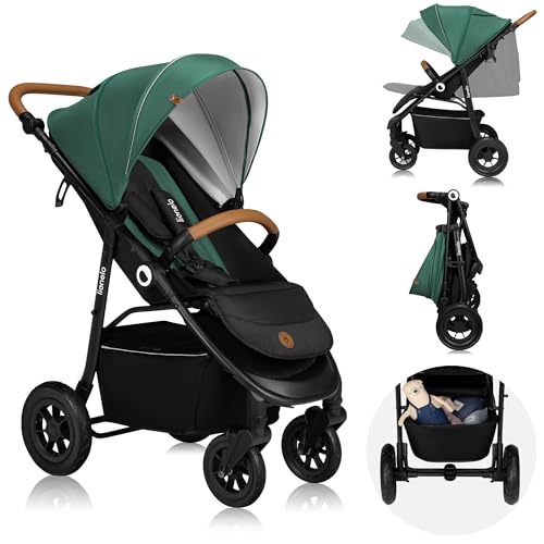 LIONELO Natt Cochecito de bebé hasta 22 kg Manillar y respaldo ajustables a la posición acostada cinturones de 5 puntos ruedas todoterreno grandes capazo impermeable XXL, 0 4 años (Black) (Green) : Amazon.es: Bebé