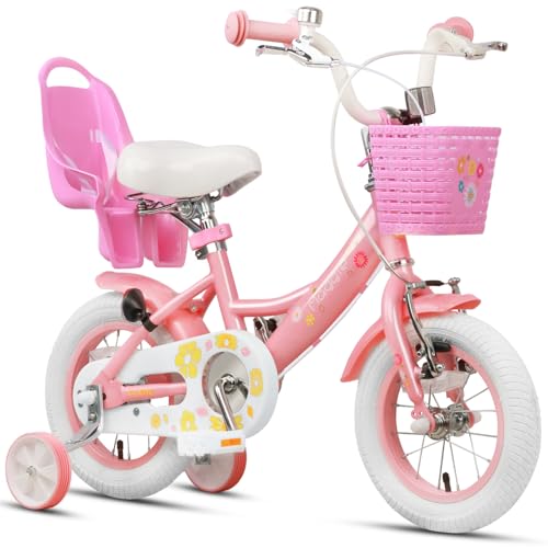 Glerc Maggie   Bicicleta infantil de 12 pulgadas para niños de 12 pulgadas, para niñas, estilo princesa, con asiento y cesta, ruedas de apoyo y campana, para cumpleaños, color rosa a blanco :  Deportes y aire libre