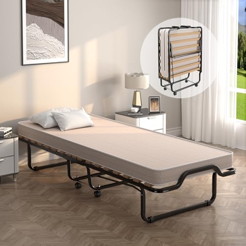 COSTWAY Cama Plegable, Acero aleado, Beige, 90x200cm Matelas 10cm