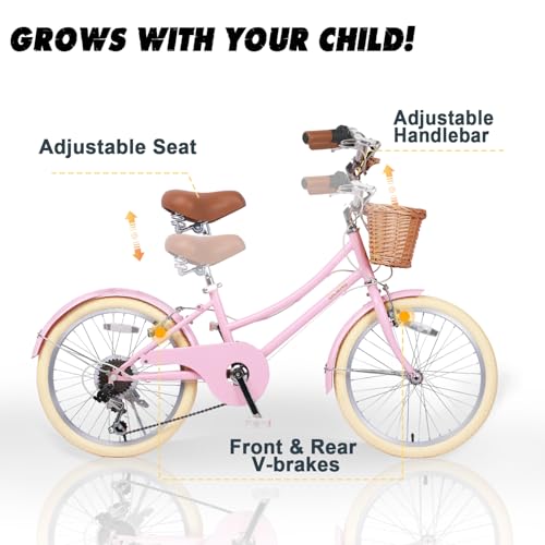 Glerc Missy 20" Pulgadas Niña Cruiser Niños Bicicleta 6 Velocidades Teen Hybrid Bicicleta de Ciudad para Jóvenes 6 7 8 9 10 11 12 Años con Cesta de Mimbre y Peso Ligero, Rosa :  Deportes y aire libre
