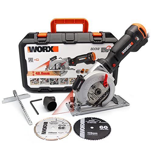 Sierra circular WORXSaw XL 46mm, 800W WORX | WX437 | Guía láser, sistema de aspiración integrado, rápido ajuste de profundidad, cambio de disco sencillo :  Bricolaje y herramientas