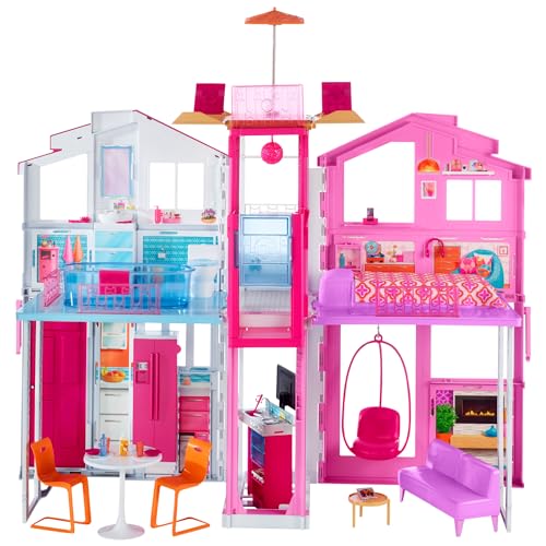 Barbie Supercasa, casa de muñecas con Accesorios, con Cuatro Habitaciones, terraza en la azotea, Detalles realistas, Piscina y Muebles, DLY32: Juguetes y juegos