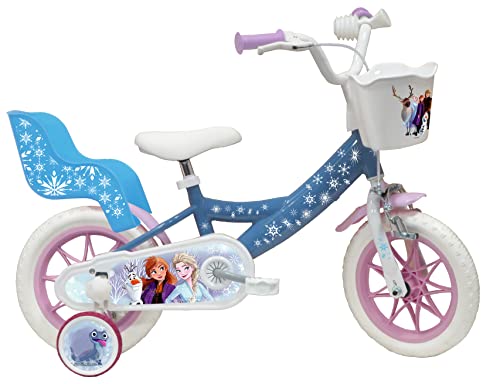 Vélo ATLAS Bicicleta de 12 Pulgadas para niña, diseño de Frozen, con 1 Freno, Cesta Delantera, portamuñecas traseras, Guardabarros, cárter y estabilizadores, Niñas, Azul Celeste, 12'' :  Deportes y aire libre