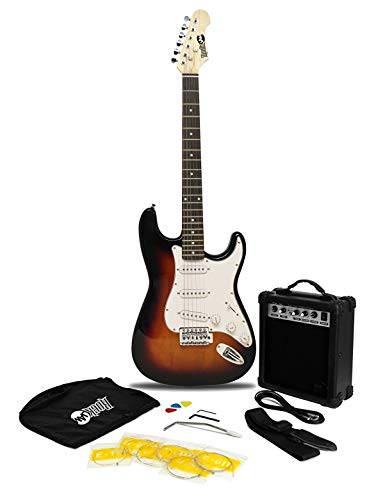 RockJam RJEG02 SK SB Kit completo de guitarra eléctrica de 10 W, con amplificador, lecciones, correa, funda, púas, Whammy, plomo y cuerdas de repuesto, Marrón/Blanco (SunBurst) :  Instrumentos musicales