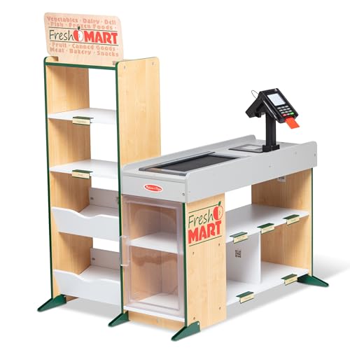 Melissa &amp; Doug Tienda de madera, Juguete para niños y niñas, Juego creativo de Imitación, Juguete montessori de madera para niños de 3 , Incluye caja, escáner, dinero y mucho más :  Juguetes y juegos
