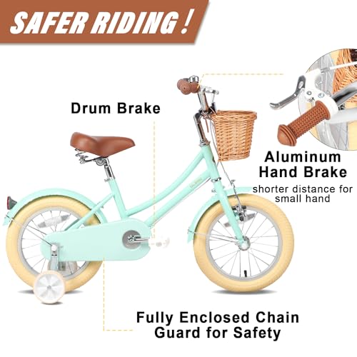Glerc 14 Pulgadas Niños Niñas Bicicleta para 3 4 5 Años Niñas Retro Estilo Vintage Bicicletas con Cesta Ruedas de Entrenamiento y Campana, Verde Menta : Amazon.es: Deportes y aire libre