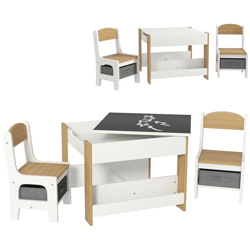HOMCOM Juego de Mesa y 2 Sillas Infantiles Mesa con Sillas para Niños 2 en 1 con Pizarra Cajones de Tela y Espacio de Almacenamiento para Guardería Sala de Juegos Blanco y Natural