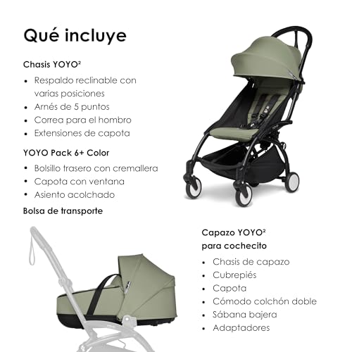 BABYZEN Cochecito Completo YOYO2   Incluye YOYO Capazo (Olive), Chasis (Negro) &amp; YOYO Pack 6  Color (Olive)   Para Niños Hasta 22 kg :  Bebé