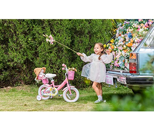 Glerc Maggie   Bicicleta infantil de 12 pulgadas para niños de 12 pulgadas, para niñas, estilo princesa, con asiento y cesta, ruedas de apoyo y campana, para cumpleaños, color rosa a blanco :  Deportes y aire libre
