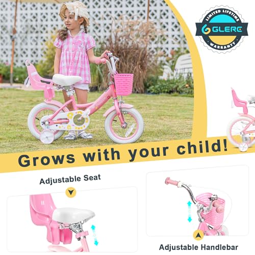 Glerc Maggie   Bicicleta infantil de 12 pulgadas para niños de 12 pulgadas, para niñas, estilo princesa, con asiento y cesta, ruedas de apoyo y campana, para cumpleaños, color rosa a blanco :  Deportes y aire libre