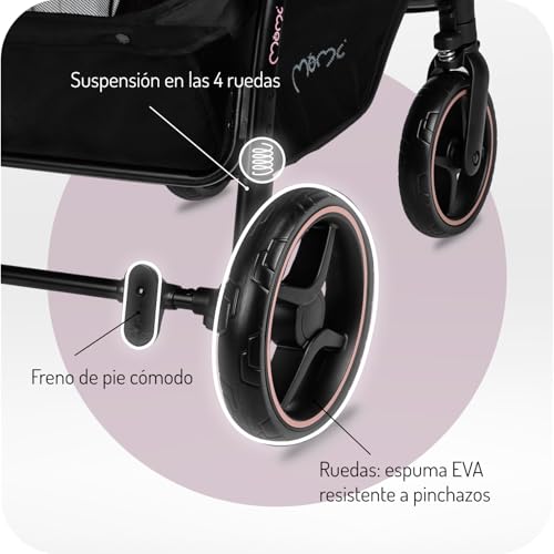 MoMi MIYA EVA Silla de paseo para niños a partir de 6 meses (hasta 22 kg), arnés ajustable de 5 puntos, cesta de la compra, saco para los pies, portabebidas, protector de lluvia y mosquitera :  Bebé