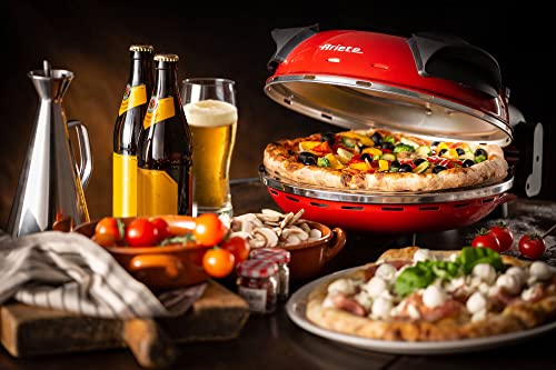 Ariete 909   Mini horno para pizza en 4 minutos, 1200 W, 5 niveles temperatura, diámetro 33 cm, regulador de tiempo 30 minutos y temperatura, indicador luminosos encendido/apagado, color rojo negro