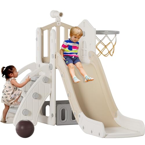 KORIMEFA Tobogán Infantil 5 en 1 con Canasta Plegable y balón de Baloncesto, Pequeño tobogán Infantil Toboganes Independientes para niños y niñas a partir de 1 año, para uso interior y exterior (Café) :  Juguetes y juegos