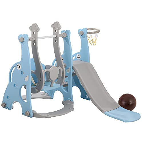 WWUIUIWW Juego de escaladores y Columpios 4 en 1 para niños pequeños, cinturón de Seguridad, Juego de tobogán de Escalada para niños con Soporte de Baloncesto(Azul) :  Juguetes y juegos
