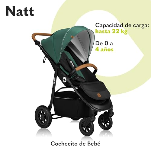 LIONELO Natt Cochecito de bebé hasta 22 kg Manillar y respaldo ajustables a la posición acostada cinturones de 5 puntos ruedas todoterreno grandes capazo impermeable XXL, 0 4 años (Black) (Green) : Amazon.es: Bebé