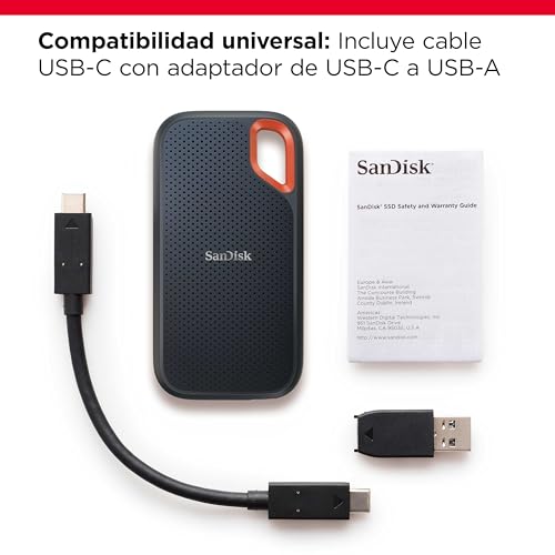 SanDisk 2TB Extreme SSD portátil, USB C USB 3.2 Gen 2, Memoria de estado sólido NVMe externa, hasta 1050 MB/s, Clasificación IP65 de resistencia al agua y al polvo :  Informática