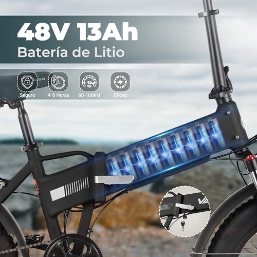 VARUN Bicicleta Eléctrica Plegable, 20"*4.0" Fat Tire Bicicleta Eléctrica Montaña con Batería 48V 13Ah, Autonomía 100KM, Bici Electrica con Motor 250W, E Bike con 7 Velocidades, Pantalla LCD : Amazon.es: Deportes y aire libre