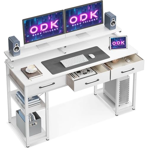 ODK Escritorio de Ordenador, Escritorio con 3 Cajones, Escritorio de Oficina con Soporte para Monitor, Mesa de Escritorio con Estante Reversible para Oficina y Hogar, 120x50x90cm (Blanco) :  Hogar y cocina