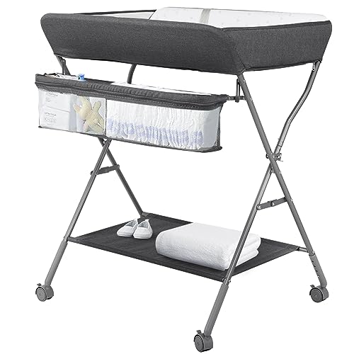 Maydolly Cambiador Bañera Bebé 2 en 1, Colchón Acolchado y Impermeable Fácil de Limpiar,Cambiador plegable con ruedas, cesta y estantes. (gris oscuro) : Amazon.es: Bebé