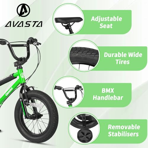 AVASTA 12 Pulgadas de Estilo BMX Bicicleta para niños con Ruedas de Entrenamiento Freno de Posavasos para 1 2 3 4 años de Edad los niños Las niñas Jinete Principiante, Verde :  Deportes y aire libre
