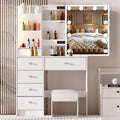 LIANWANG Tocador, Mesa de Maquillaje con Espejo y LED, Brillo Ajustable y 3 Temperaturas De Color, Tocador de Maquillaje con 1 Taburete, 5 Grande Cajónes, Blanco, 131x80x36 cm