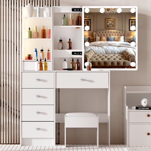 LIANWANG Tocador, Mesa de Maquillaje con Espejo y LED, Brillo Ajustable y 3 Temperaturas De Color, Tocador de Maquillaje con 1 Taburete, 5 Grande Cajónes, Blanco, 131x80x36 cm