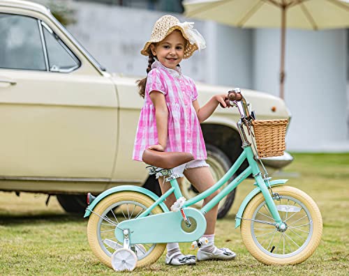 Glerc 14 Pulgadas Niños Niñas Bicicleta para 3 4 5 Años Niñas Retro Estilo Vintage Bicicletas con Cesta Ruedas de Entrenamiento y Campana, Verde Menta : Amazon.es: Deportes y aire libre