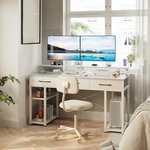 ODK Escritorio de Ordenador, Escritorio con 3 Cajones, Escritorio de Oficina con Soporte para Monitor, Mesa de Escritorio con Estante Reversible para Oficina y Hogar, 120x50x90cm (Blanco) :  Hogar y cocina