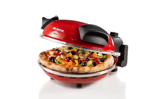 Ariete 909   Mini horno para pizza en 4 minutos, 1200 W, 5 niveles temperatura, diámetro 33 cm, regulador de tiempo 30 minutos y temperatura, indicador luminosos encendido/apagado, color rojo negro