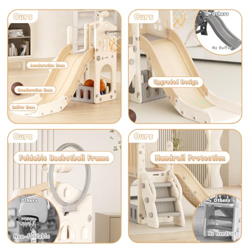 KORIMEFA Tobogán Infantil 5 en 1 con Canasta Plegable y balón de Baloncesto, Pequeño tobogán Infantil Toboganes Independientes para niños y niñas a partir de 1 año, para uso interior y exterior (Café) :  Juguetes y juegos