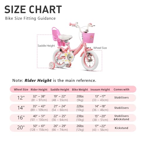 Glerc Maggie   Bicicleta infantil de 12 pulgadas para niños de 12 pulgadas, para niñas, estilo princesa, con asiento y cesta, ruedas de apoyo y campana, para cumpleaños, color rosa a blanco :  Deportes y aire libre