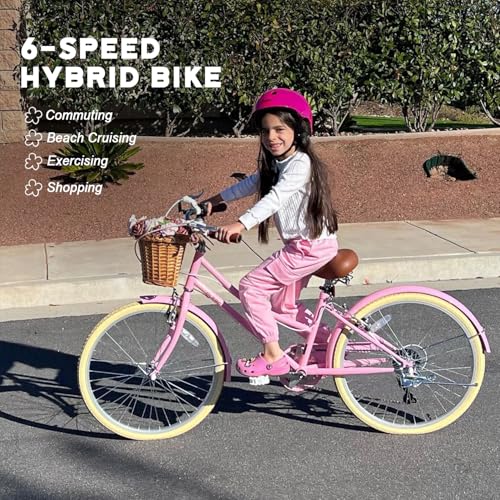 Glerc Missy 20" Pulgadas Niña Cruiser Niños Bicicleta 6 Velocidades Teen Hybrid Bicicleta de Ciudad para Jóvenes 6 7 8 9 10 11 12 Años con Cesta de Mimbre y Peso Ligero, Rosa :  Deportes y aire libre