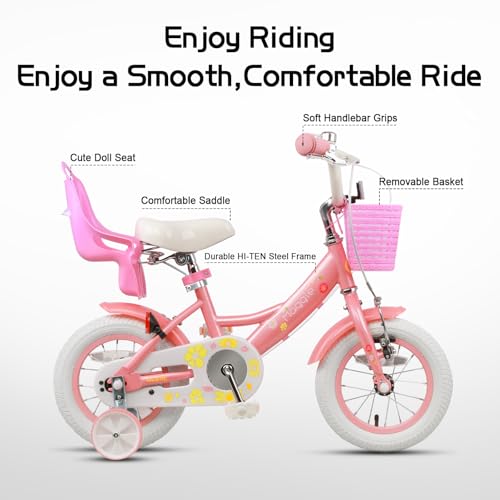 Glerc Maggie   Bicicleta infantil de 12 pulgadas para niños de 12 pulgadas, para niñas, estilo princesa, con asiento y cesta, ruedas de apoyo y campana, para cumpleaños, color rosa a blanco :  Deportes y aire libre