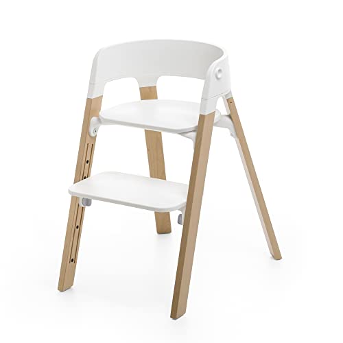 Silla Stokke Steps   Patas Natural y asiento blanco   Sistema de asiento 5 en 1   De recién nacido hasta toda la infancia o los 87 kilos   Sin herramientas, estilosa y ajustable :  Bebé