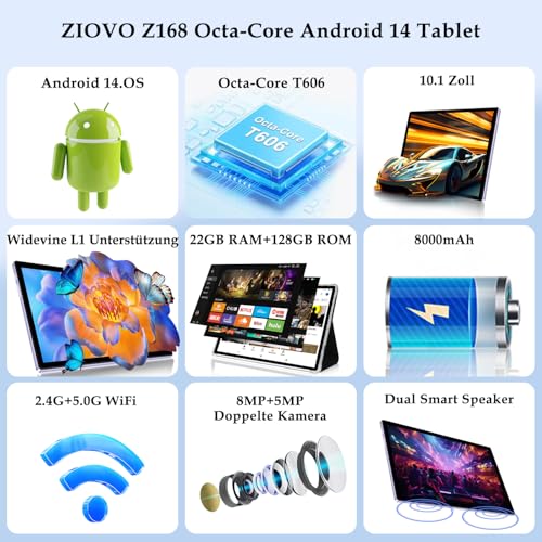 ZIOVO Tablet 10 Pulgadas,Android 14 Tablet PC,22GB RAM 128GB ROM/1TB TF, Widevine L1, 8 Core 2.0GHz, 5G WiFi, 8000mAh,5 13 2MP, AGPS, Tablet con Teclado, Ratón Violeta :  Informática