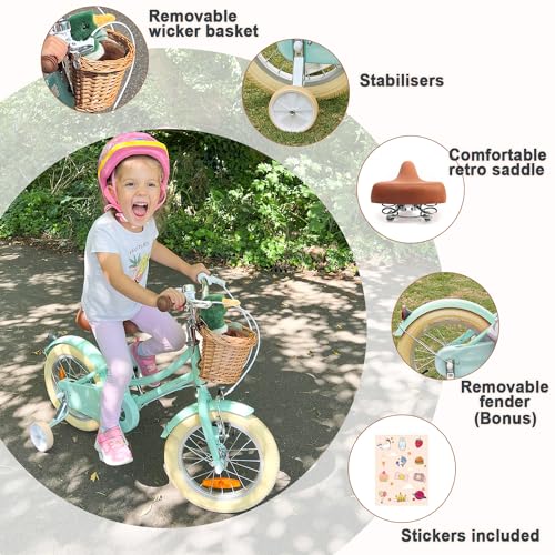 Glerc 14 Pulgadas Niños Niñas Bicicleta para 3 4 5 Años Niñas Retro Estilo Vintage Bicicletas con Cesta Ruedas de Entrenamiento y Campana, Verde Menta : Amazon.es: Deportes y aire libre