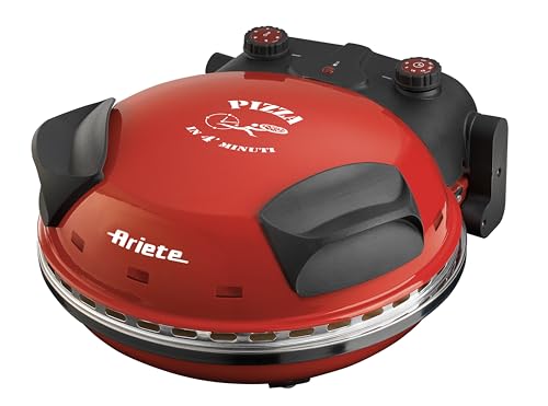 Ariete 909   Mini horno para pizza en 4 minutos, 1200 W, 5 niveles temperatura, diámetro 33 cm, regulador de tiempo 30 minutos y temperatura, indicador luminosos encendido/apagado, color rojo negro