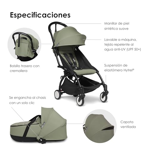 BABYZEN Cochecito Completo YOYO2   Incluye YOYO Capazo (Olive), Chasis (Negro) &amp; YOYO Pack 6  Color (Olive)   Para Niños Hasta 22 kg :  Bebé