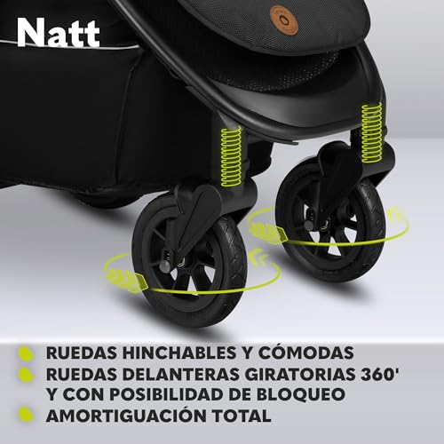 LIONELO Natt Cochecito de bebé hasta 22 kg Manillar y respaldo ajustables a la posición acostada cinturones de 5 puntos ruedas todoterreno grandes capazo impermeable XXL, 0 4 años (Black) (Green) : Amazon.es: Bebé