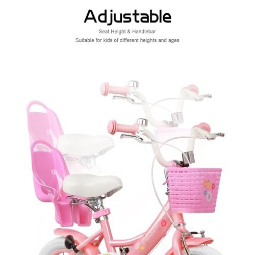 Glerc Maggie   Bicicleta infantil de 12 pulgadas para niños de 12 pulgadas, para niñas, estilo princesa, con asiento y cesta, ruedas de apoyo y campana, para cumpleaños, color rosa a blanco :  Deportes y aire libre