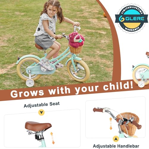 Glerc 14 Pulgadas Niños Niñas Bicicleta para 3 4 5 Años Niñas Retro Estilo Vintage Bicicletas con Cesta Ruedas de Entrenamiento y Campana, Verde Menta : Amazon.es: Deportes y aire libre