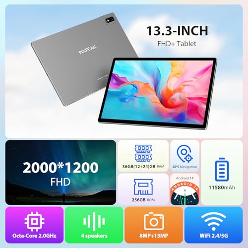PIXPEAK 2K Tableta 13,3 pulgadas, 5G WiFi Tablet, INCELL 2000*1200, 11580mAh/carga rápida, 36GB RAM, 256GB ROM (2TB Ampliable), Android 14.0 Octa Core 2.0GHz, 13MP 8MP, Tabletas con GPS/Bluetooth Grey :  Informática