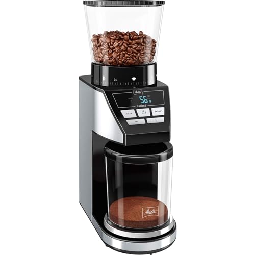 Melitta Calibra 1027 01   Molinillo de café eléctrico cónico con 39 ajustes de molienda, apto para distintas cafeteras, moledor de café con báscula digital y pantalla LCD, 200 g, negro