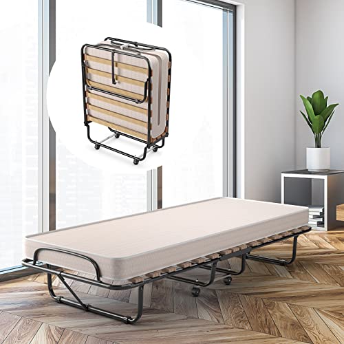 COSTWAY Cama de invitados plegable, plegable con colchón de espuma de memoria, cama plegable con marco de acero estable, cama de metal sobre ruedas, para oficina o habitación de invitados