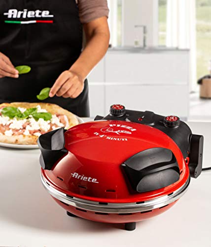 Ariete 909   Mini horno para pizza en 4 minutos, 1200 W, 5 niveles temperatura, diámetro 33 cm, regulador de tiempo 30 minutos y temperatura, indicador luminosos encendido/apagado, color rojo negro