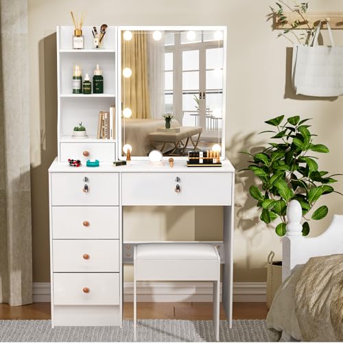 Vanrste Tocador con iluminación, tocador con espejo y taburete, tocador con 6 cajones, 6 estantes para dormitorio, 80 x 36 x 130 cm, 1905 V8