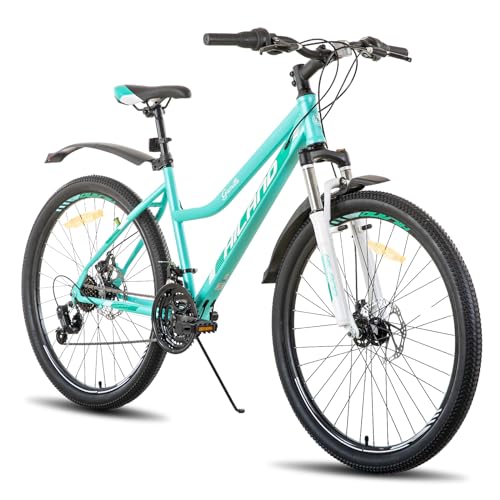 Hiland Bicicleta de Montaña MTB Bicicleta 26 Pulgadas para Mujer y Niña 21 Marchas con Suspensión Delantera Marco de Acero Freno de Disco Guardabarros Verde Menta/Rosa :  Deportes y aire libre