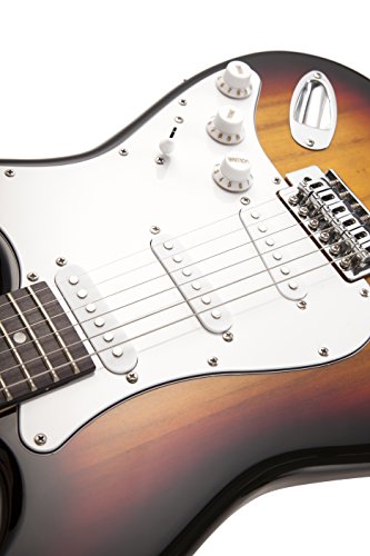 RockJam RJEG02 SK SB Kit completo de guitarra eléctrica de 10 W, con amplificador, lecciones, correa, funda, púas, Whammy, plomo y cuerdas de repuesto, Marrón/Blanco (SunBurst) :  Instrumentos musicales